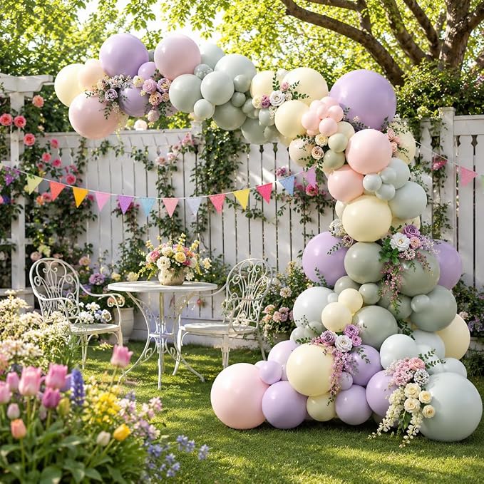 Pink Purple Green Balloon Arch Kit, 122Pcs Dusty Pink Light Green Macaron Yellow Pastel Balloons for Kids Girl Flower Party Decorations Spring Baby Shower Wedding Engagement Fairy Birthday Supplies