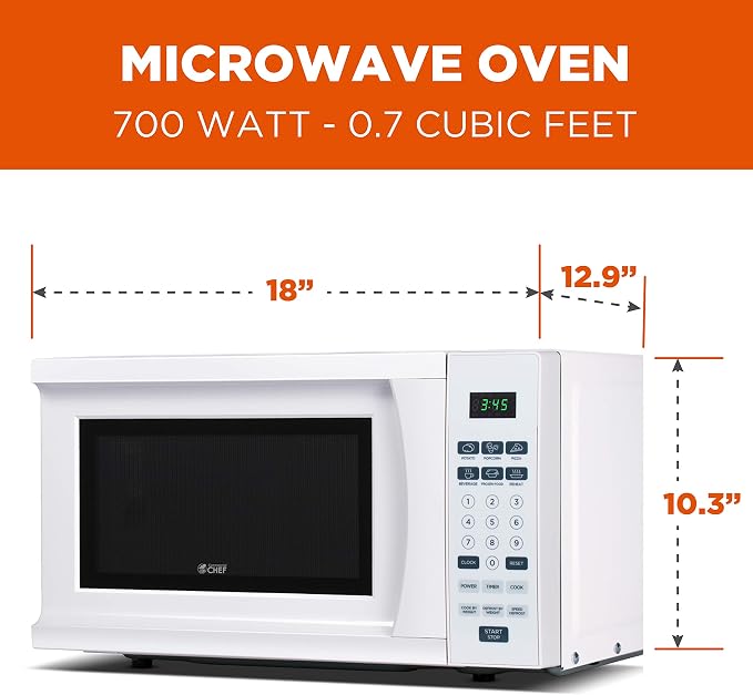 Commercial CHEF 701 Watt Counter Top Microwave Oven, 0.7 Cu. Ft, White