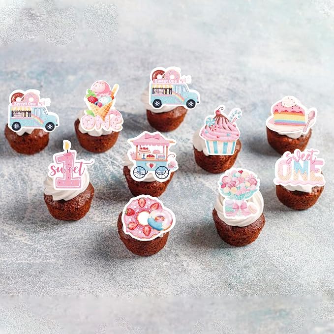 63 PCS Edible Strawberry Cupcake Toppers Sweet One Berry Donut Cupcake Picks Edible Strawberry 1st Birthday Cake Decorations for Baby Shower First Birthday Party Cake Dessert Decorations Supplies
