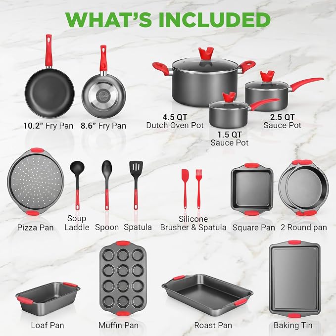 NutriChef 21-Piece Nonstick Cookware Set - PTFE/PFOA/PFOS Free Heat Resistant Lacquer Kitchen Ware Pots Pan w/ Cool-Touch Handles, Saucepan, Fry Pans, Lid, Bakeware, For Gas Electric Ceramic Cooktops