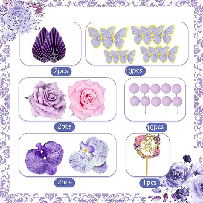 27 PCS Flower Cake Decorations Purple Cake Decorations Boho Butterfly Cake Toppers with Rose Artifical Flowers Palm Leaves Balls Happy Birthday Cake Topper for Birthday Party Wedding Baby Shower