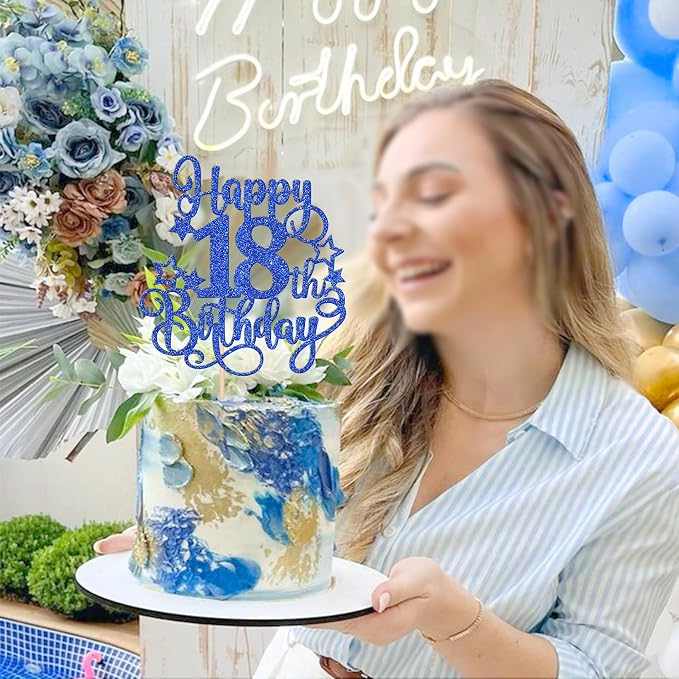 1 PCS Happy 18th Birthday Cake Topper Glitter Cheers to 18 Years Birthday Cake Pick Hello 18 Fabulous Cake Decoration for Happy 18th Birthday Anniversary Party Decorations Supplies Blue