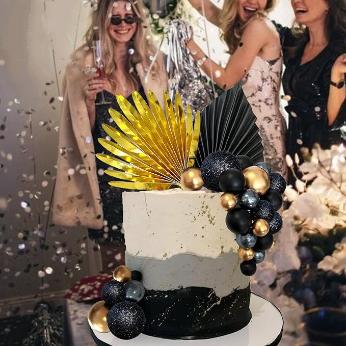 38 PCS Balls Cake Toppers Palm Leaves Cake Decorations for Birthday Wedding Baby Shower Party Supplies (Black)