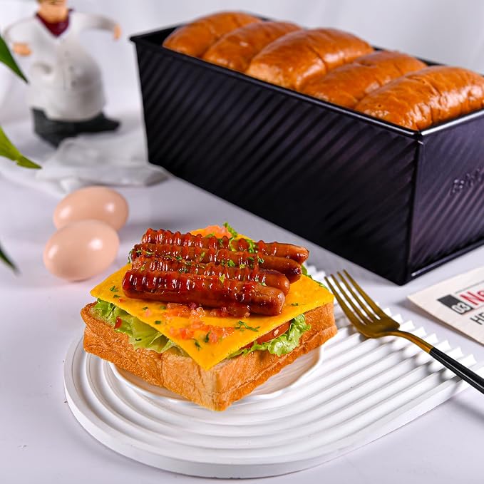 Commercial Pullman Loaf Pan with Lid, 2.2Lb Dough Capacity Non-Stick Rectangle Corrugated Carbon Steel Bread Toast Mold with Cover for Baking Bread (Black)