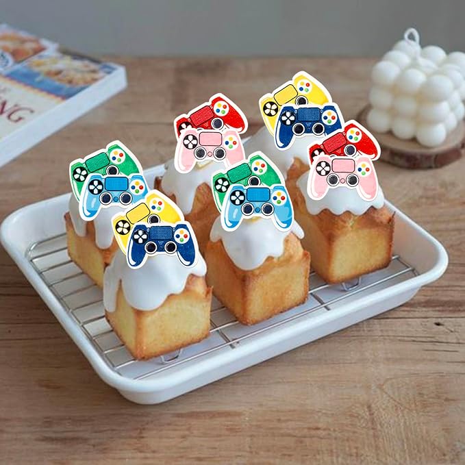 64 PCS Edible Video Game Controllers Cupcake Toppers Game On Controllers Cupcake Picks Edible GamePad Cupcake Decorations for Baby Shower Kids Boys Girls Gamer Birthday Party Cake Decorations Supplies