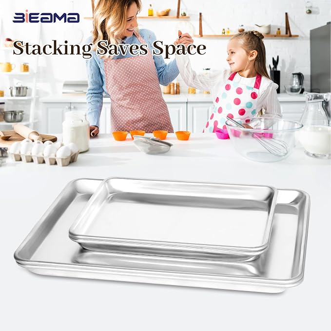 BIEAMA Aluminum Baking Sheet Set of 4, 2 Half Sheet Pans & 2 Quarter Size, Commercial Heavy Duty Cookie Sheets for Oven