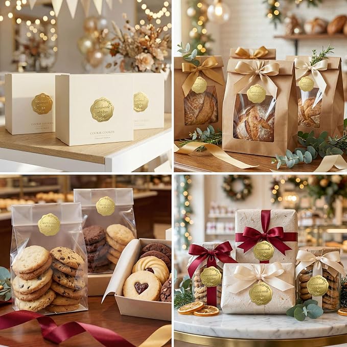 100 x Handmade with Love Stickers, Made with Love Stickers for Small Business Packaging, Embossed Matte Gold Bakery Stickers for Baked with Love Gifts, Wedding Favor Bags & Thank You Envelopes, 1.77''
