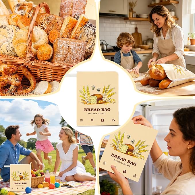 2 Pack Wide Zipper Access Beeswax Bread Bags for Sourdough Bread, Reusable Organic Linen Beeswax Bread Bag for Homemade Sourdough for Homemade Bag to Keep Fresh Longer, Kitchen Storage (Oatmeal)