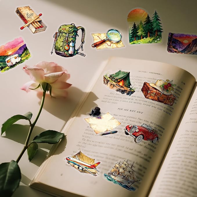 56 pcs Watercolor Vintage Travel Adventure Clear PET Stickers, Camping Hiking Compass Map Luggage Transparent Die-Cut Decals, Waterproof Stickers for Journal Scrapbook Planner DIY Outdoor Craft Decor