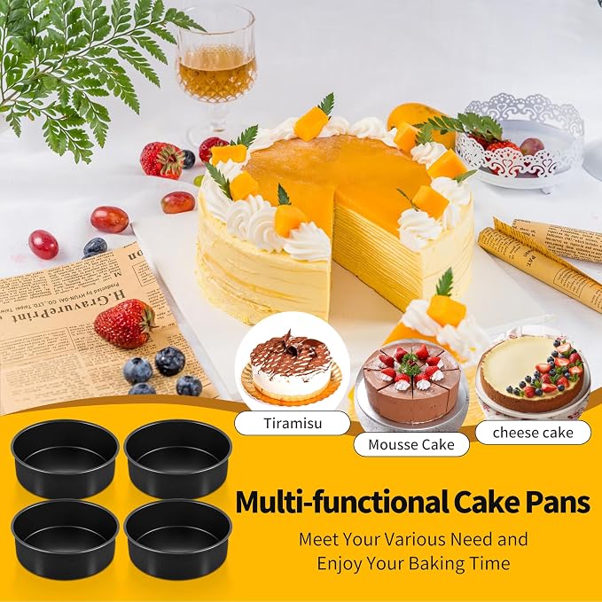 P&P CHEF Non-stick Cake Pan Set of 4, 6 Inch Round Baking Cake Pans Tins for Tier Smash Cakes, Non-Toxic & Solid, Stainless Steel Core & Leak-Proof, 4Pcs