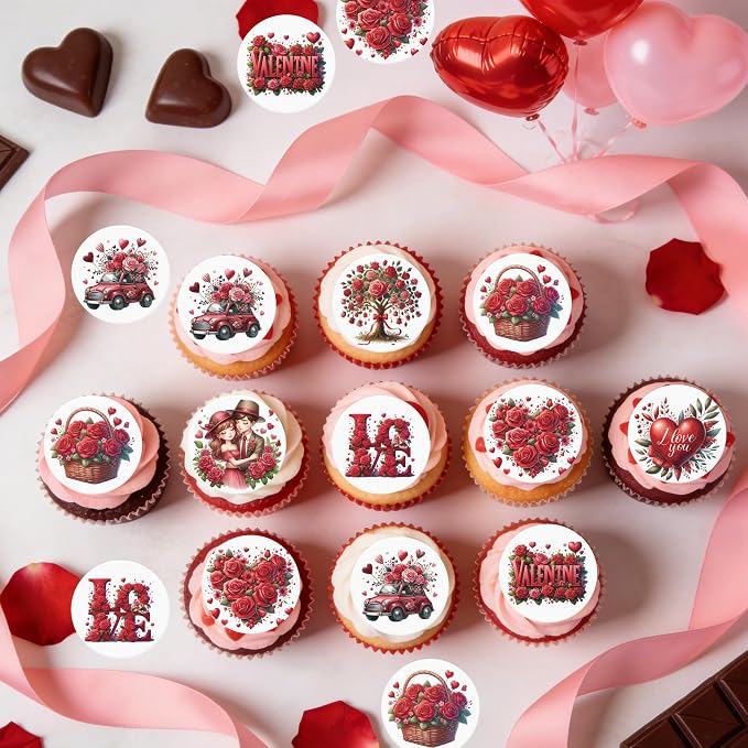 36PCS Edible Valentine’s Day Cupcake Toppers Wafer Paper Sweet Love Be Mine Kiss Me Cupcake Picks Valentine’s Cake Decor for Valentine's Day Theme Wedding Party Supplies