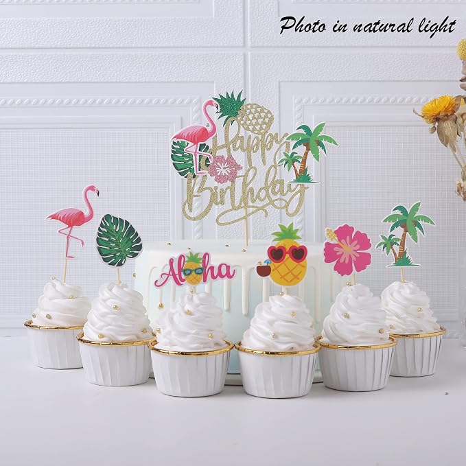 25 PCS Tropical Luau Cupcake Toppers with Happy Birthday Flamingo Cake Topper Palm Tree Flamingo Pineapple Aloha Cupcake Picks Decorations for Hawaiian Luau Theme Birthday Party Supplies