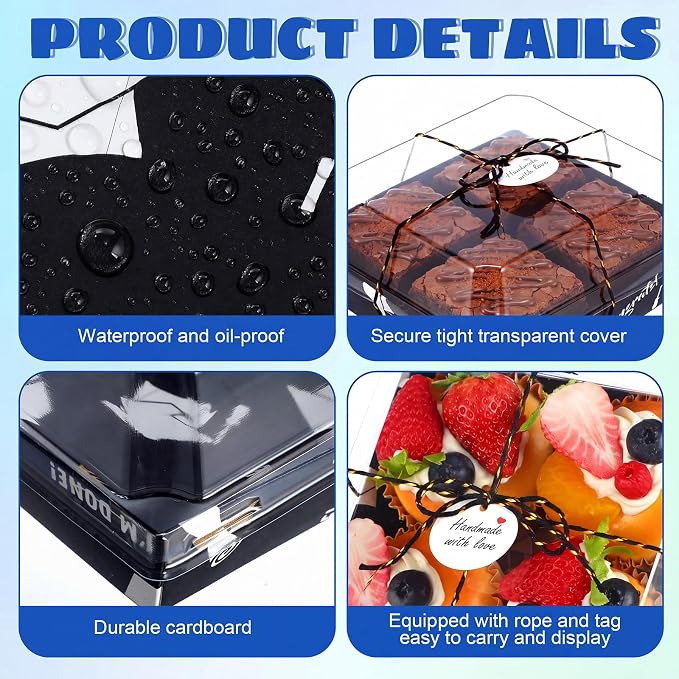 Outus 100 Pack Graduation Party Paper Food Containers Black Charcuterie Boxes with Clear Lids, 5.7 x 5.1 '' Graduation Party Supplies Cake Take out Bakery Boxes with Gift Tags Rope for Desserts Cake