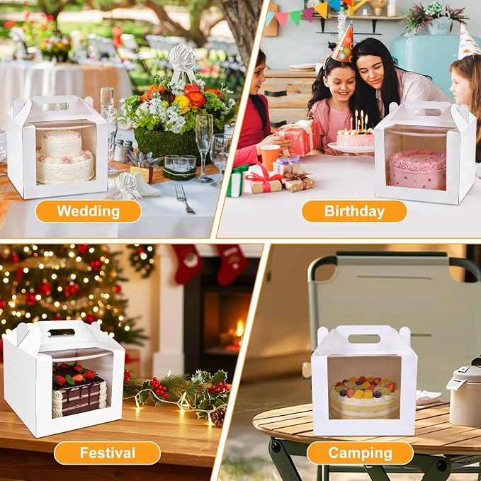 10 Pcs Cake Boxes 10 Inch with Handle, 10x10x8 Inches Tall Cake Box with Window for Tier Cakes, Bakery Take Out Container Cake Carrier, White Large Bakery Boxes for Baking Wedding, Birthday, Party