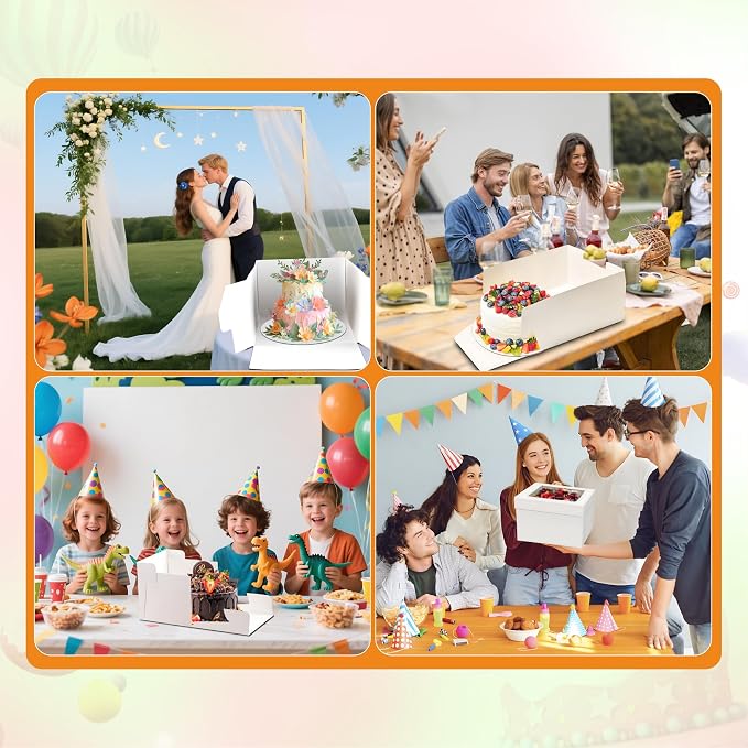 7pcs Cake Boxes, 10x10x8 Inch Cake Box With Viewing Window and Cake Board and Stickers, Tall Cake Box, Suitable for Birthday, Party, Wedding, Banquet