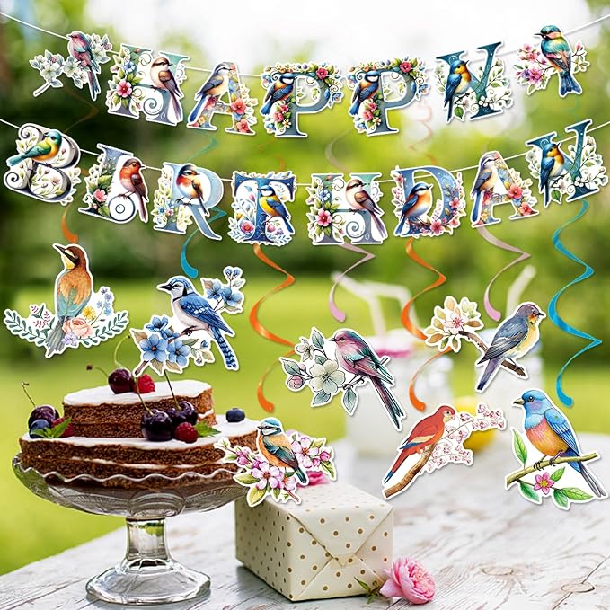 Zwiebeco Multicolored Flowers Birds Happy Birthday Banner Bunting Hanging Paper Swirls Garland Party Decorations for Boys Girls Kids Baby Shower Spring Summer Themed Bday Decor Accessories Supplies