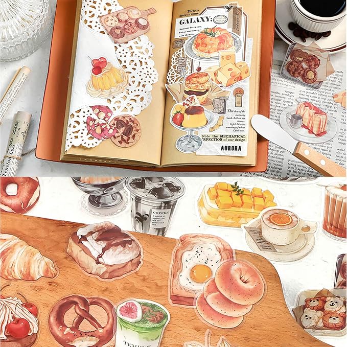 Maxleaf 80PCS Dessert Cake Clear Stickers for Scrapbook Decoration, 4 Series Retro Foods Bread Cake Coffee Stickers for Daily Life Diary Album Decoration