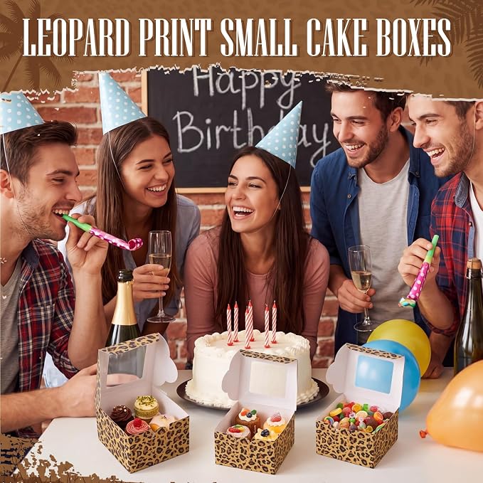 50 Pack Leopard Print Cookie Boxes with Window, Small Bakery Treat Boxes for Pastry Donuts Macaroon Cupcakes, Safari Birthday Wild Themed Party Baby Shower Favors