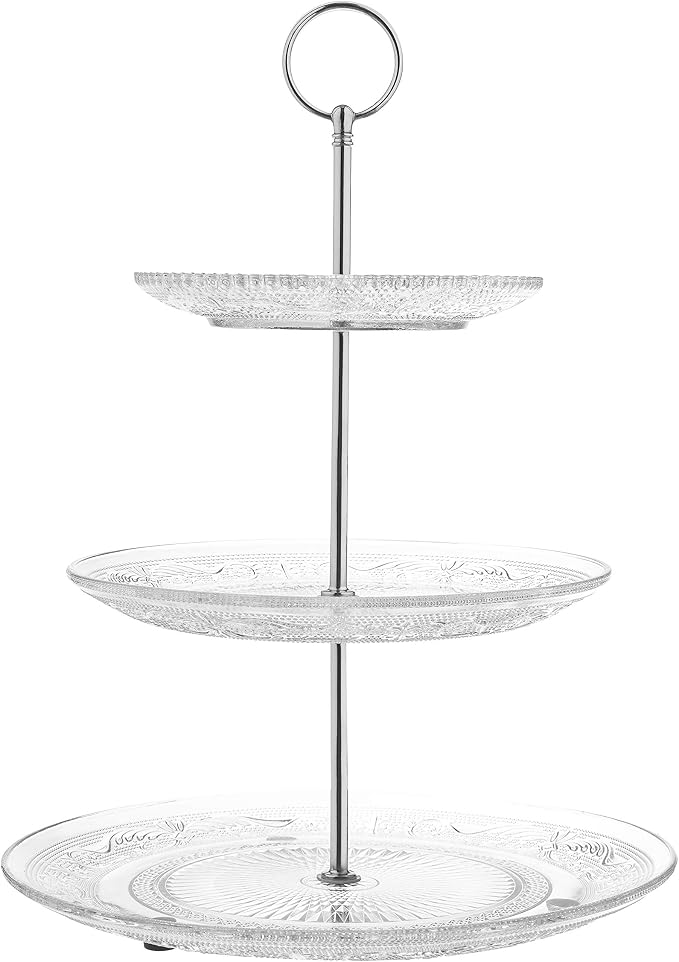 Royalty Art 3-Tiered Serving Stand (Glass) Beautiful, Elegant Dishware Serve Snacks, Appetizers, Cakes, Candies Durable, Reusable Party or Holiday Hosting (Silver) (1) (1)