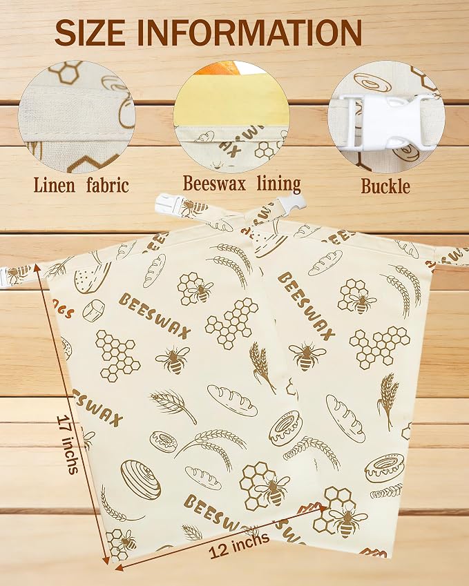 Reusable Lorine Beeswax Bread Bags For Homemade Bread & Sourdough Bread - 2 Packs 17x12 inch Organic Cotton Linen Bread Bag, Eco-Friendly Freshness Lock with Secure Buckle & Roll-Top Handle