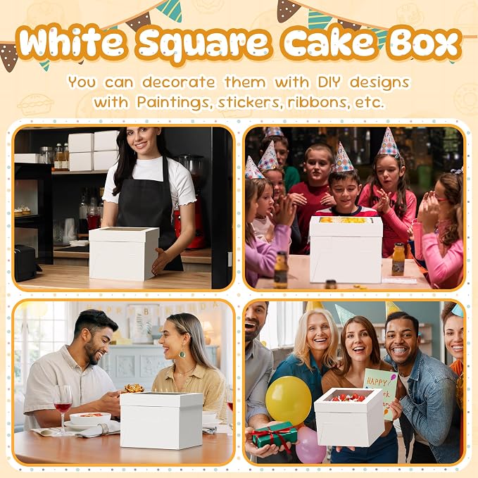 7 Pack Cake Boxes, 10x10x8 Inches Tall Cakes Box with Window, White Cake Boxes with Cakes Boards, Square Bakery Box, for Cake, Treat Cookie Dessert, Pastry, Birthday Party, Mother's Day, Weddings