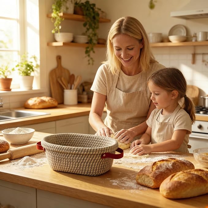 Banneton Sourdough Bread Proofing Baskets,Oval Cotton Rope Sourdough Proofing Basket with Liners & Covers for Sourdough & Artisan Bread Baking (Khaki Oval Banneton – 2 Pack (Solid + Stripe))