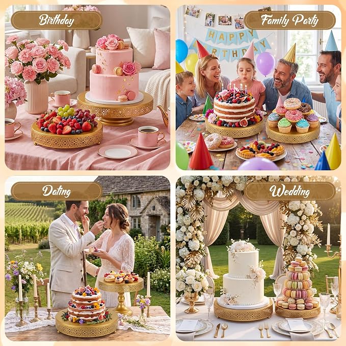 Wenqik 2 Pack Cake Stand Set, 14/16 Inch Metal Cupcake Dessert Stand Decorative Round Elegant Cake Display for Weddings Party Baby Showers Birthday Anniversary, Gold