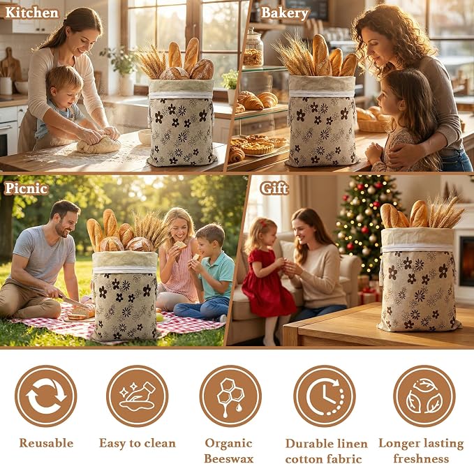 Reusable Beeswax Bread Bags-17"x13" Large Bread Bags for Sourdough & Homemade Cloth BreadBags Keeps Fresh Longer 2Pack (Flower Pattern)