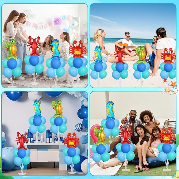 4 Sets Ocean Animal Theme Party Balloons Stand Kit with Sea Turtle Seahorse Lobster Crab Foil Balloons Party Balloon Centerpiece for Tables for Under the Sea Birthday Pool Beach Decoration
