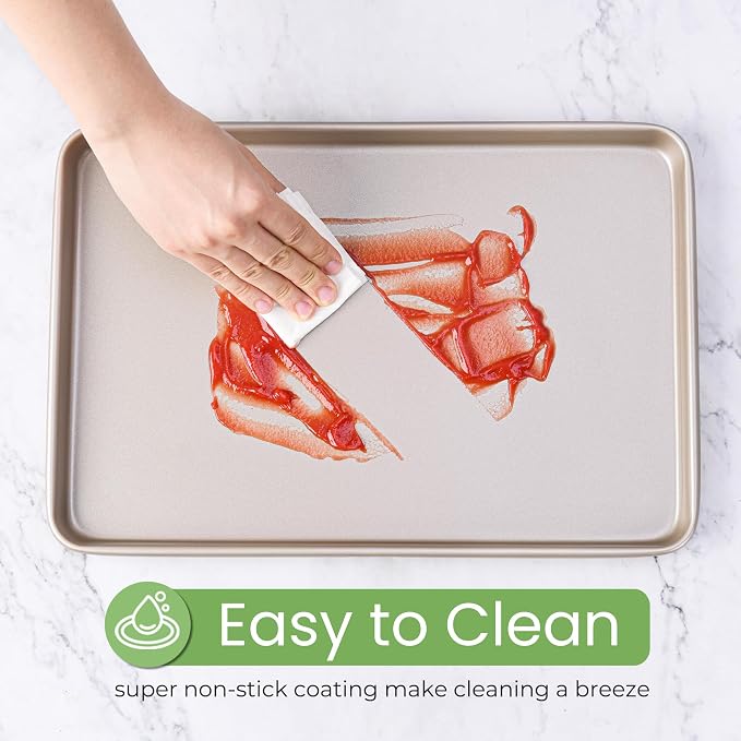0.8mm 17-Inch Half Sheet Baking Pans,0.8mm Durable Non-Stick Carbon Steel Baking Sheet for Oven,Cookie Sheet Pan for Roasting Meat Bread Jelly Roll 17.52" x 11.73" x 0.91" (Champagne Gold)