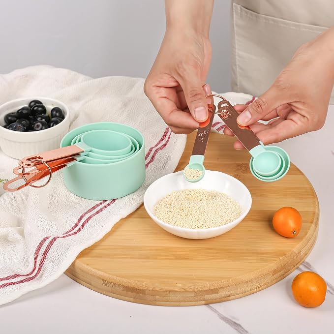 8-Piece Stackable Rose Gold Stainless Steel Handled Measuring Cups and Spoons for Measuring Dry and Liquid Ingredients (grey)