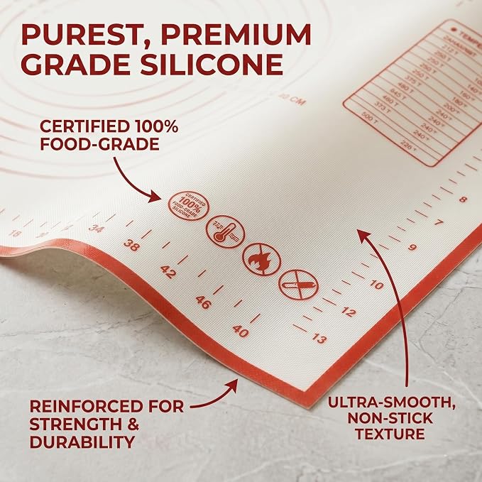 Pastry Mat for Rolling Dough - 24" x 16" Extra Large Silicone Baking Mat, 0.4mm Thick Non-Stick Bread Mat for Sourdough & Pizza, Non-Slip Kneading Mat with Measurements, Professional Grade