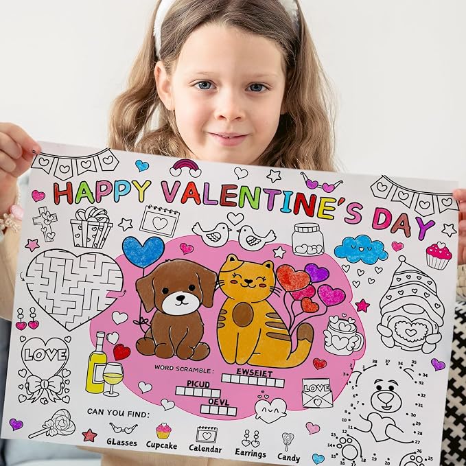 45pcs Valentine's Day Disposable Coloring Placemats Valentines Day Crafts for Kids Valentine Party Favors Coloring Poster Valentine Party Supplies School Classroom Activities Paper Table Mats