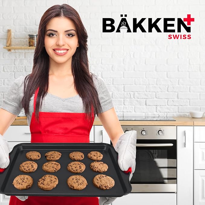 Nonstick Cookie Sheet Pans Set of 5 - Professional Quality Carbon Steel Baking Sheet Trays with Gray Coating Inside & Outside – Small, Medium, Large Pans, Roaster Pan, and Plastic Lid