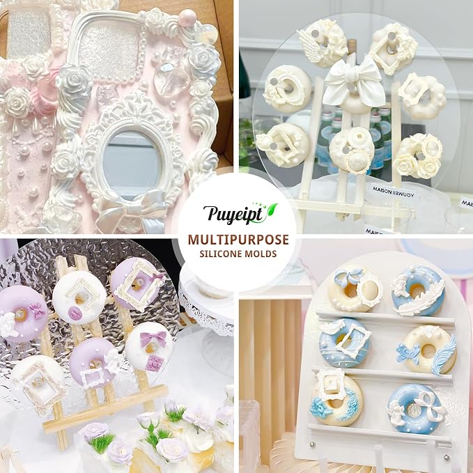 Puyeipt 4 Pcs Photo Frame Silicone Molds, Vintage Picture Photo Frames Fondant Molds for Cupcake Topper, Chocolate, Candy, Donut Cake Puck Decoration and Clay Craft Making