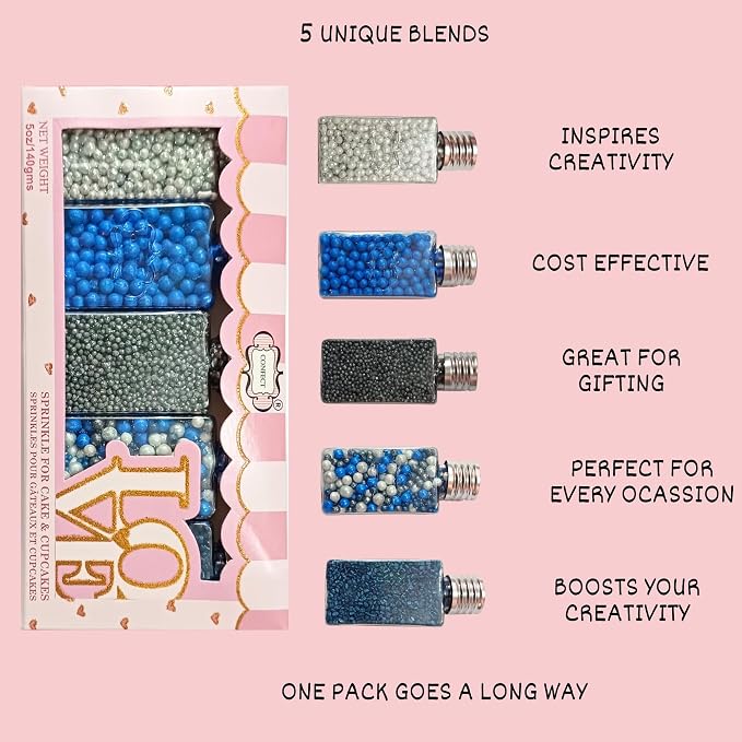 Confect Sprinkles- Graduation Day Disco Ball Mix Sprinkle – 5-Pack Assorted Silver, Black & Blue Dragees with Navy Blue Sparkling Sugar – Edible Decorations for Cakes, Cupcakes & Cookies –Vegan, Gluten-Free, Nut-Free, Soy-Free, Dairy-Free, Palm Oil-Fre...