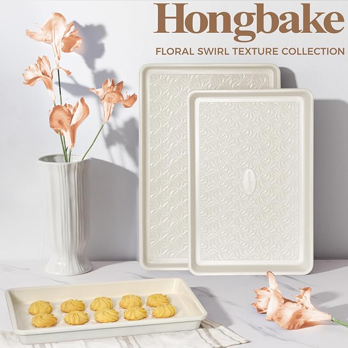 HONGBAKE Ceramic Coated Baking Sheet Pan Set of 3 with Floral Texture | Nonstick Aluminized Steel Cookie Sheets, Half, Quarter and Jelly Roll Pans, Shallow Oven Trays, 0.8mm Thick