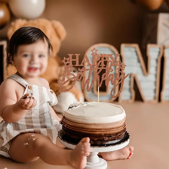 Gyufise 1Pcs Happy Birthday Cake Topper Glitter Cake Pick for Celebrating Anniversary Theme Party Cake Decorations Supplies Light Brown