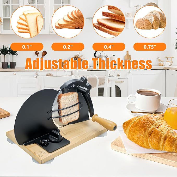 Manual Bread Slicer for Homemade Sourdough Bread with Strong Suction Base | 0-0.75" Adjustable Thickness, 402 Stainless Steel Blade, Beech Wood Base, Homemade Bread Toast Bagel Cutter