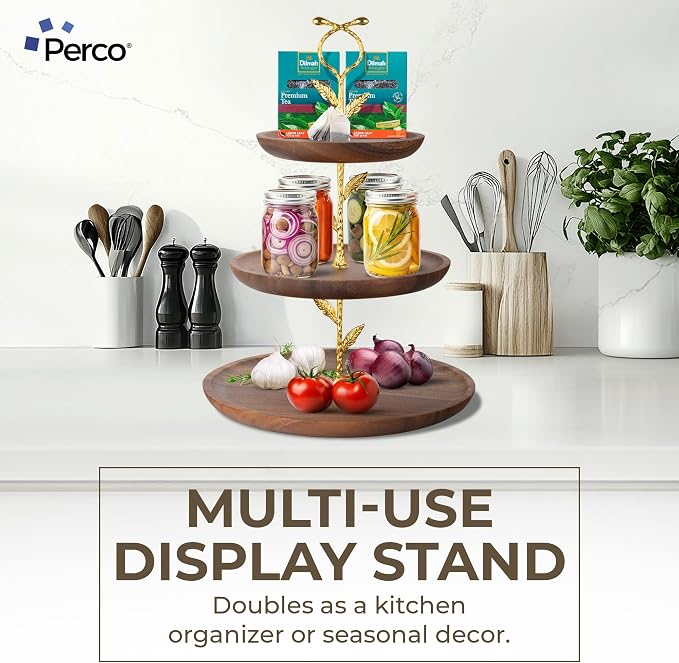Perco 3 Tier Wooden Cupcake Stand, Walnut Wood Tiered Display Stand for 20 Cupcakes – Rustic Dessert Table Display Set, Tiered Serving Tray for Weddings, Birthdays, Baby Showers & Events