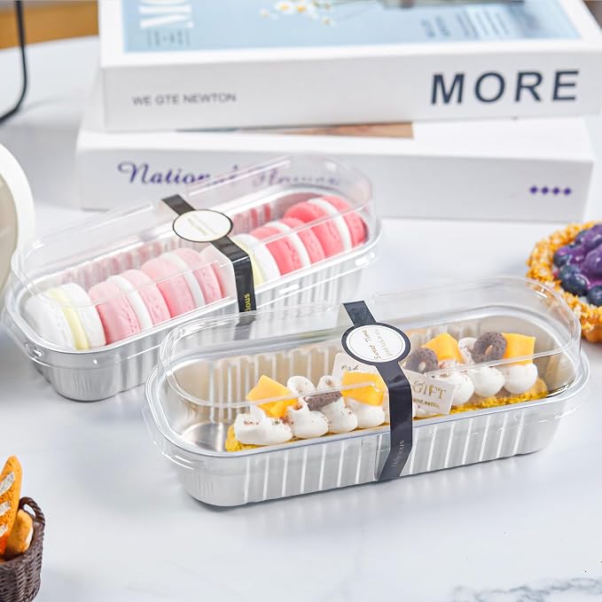 Foil Loaf Pans with Lids, 50 Pack Silver 6.8oz for Meal Prep | Works for sweet bites, savory samples, dips and layered cups; topping visibility supports counter display.
