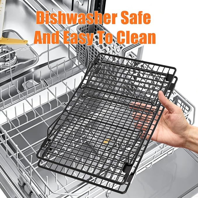 2-Tier Stackable Cooling Rack with Legs, 13"x 9" Nonstick Collapsible Wire Rack with 50 Pcs Parchment Paper for Baking Cookies, Cakes, Bread, Pizza
