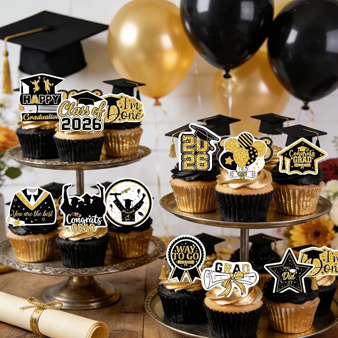 48pcs Edible 2026 Graduation Cupcake Toppers Wafer Paper Gold Class of 2026 Cake Decorations Edible Congrats Grad Cupcake Picks for 2026 Graduation Theme Party Cake Supplies