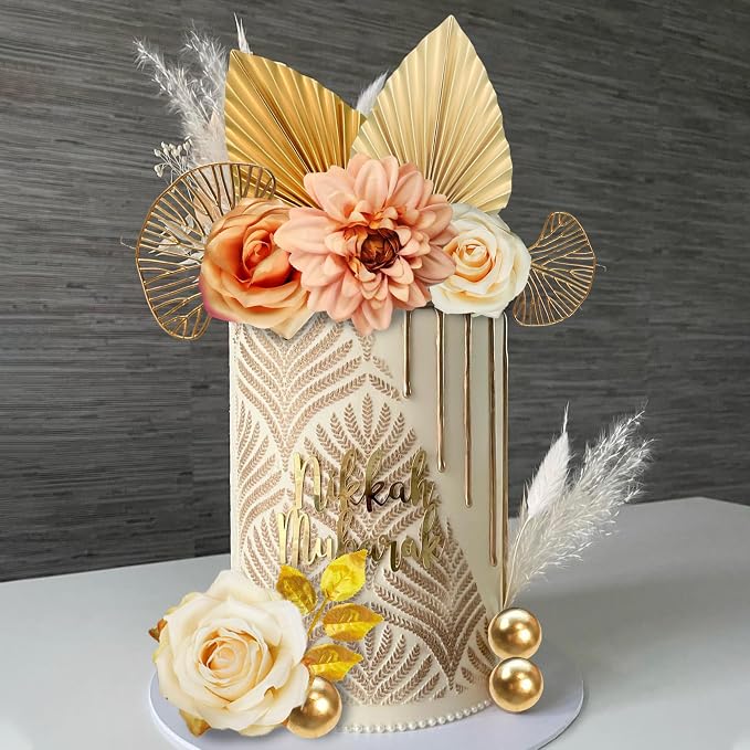 DRWATE Cake Topper, 11pcs Boho Flower Gold Leaves Cake Decorations for Wedding Baby Shower Birthday Party Supplies