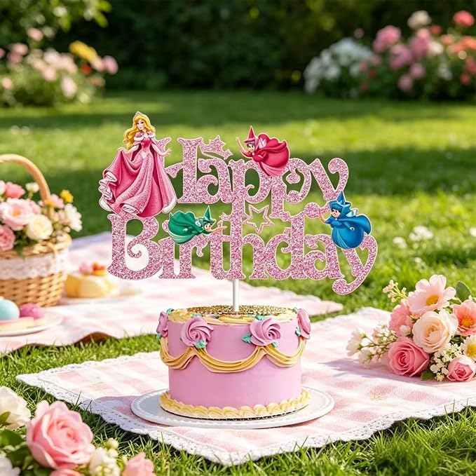 Glitter Princess Cake Topper, Cute Happy Birthday Cake Topper, Birthday Party Supplies, Princess Themed Party Decorations for Girls