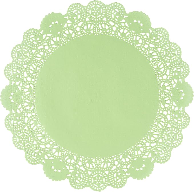 Pastry Tek 12 x 12 Inch Paper Lace Doilies, 100 Disposable Table Doilies - Elegant Lace Finish, Long Lasting, Green Paper Doily, for Pastries, Cupcakes, Desserts - Restaurantware