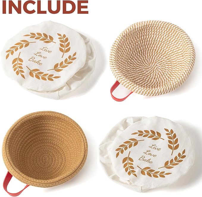 Banneton Bread Proofing Basket Set of 2, 9" Round Cotton Rope Proofing Baskets with Liners & Covers, Sourdough Bread Baking Supplies