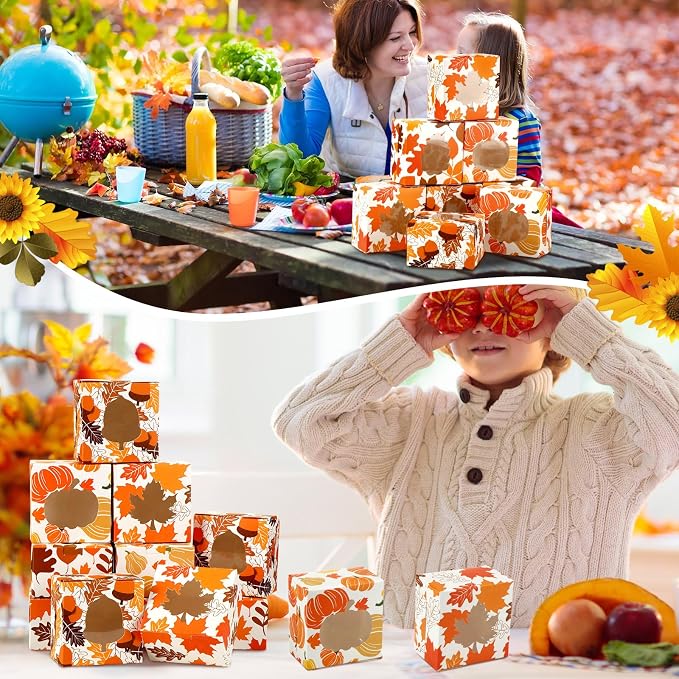 Dispowreath 24 Pcs Fall Treat Boxes with Window Yellow Maple Leaf Pumpkin Printed Candy Cookie Boxes Paper Gift Container Autumn Party Favor for Thanksgiving Fall Cookie Goodie Candy Party