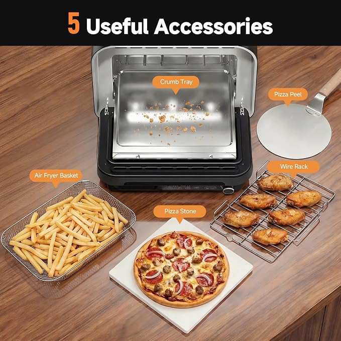 KINGWISE Convection Pizza Oven Electric, IPX4 Waterproof Countertop Air Fryer Oven, Fits 13-Inch Pizza, Heats up to 750℉, 6 Cooking Functions and 5 Pizza Presets, Pizza Stone & Pizza Peel Included