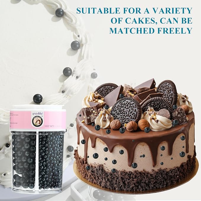 Homankit Edible Black Pearl Sprinkles for Baking, 4 Sizes Mix Sugar Pearls Cake Decorations for Cupcake Toppers Cookie Decorating Birthday Party Wedding Halloween Christmas Supplies